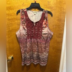 One world burgundy abstract floral pattern sleeveless tank top size XL